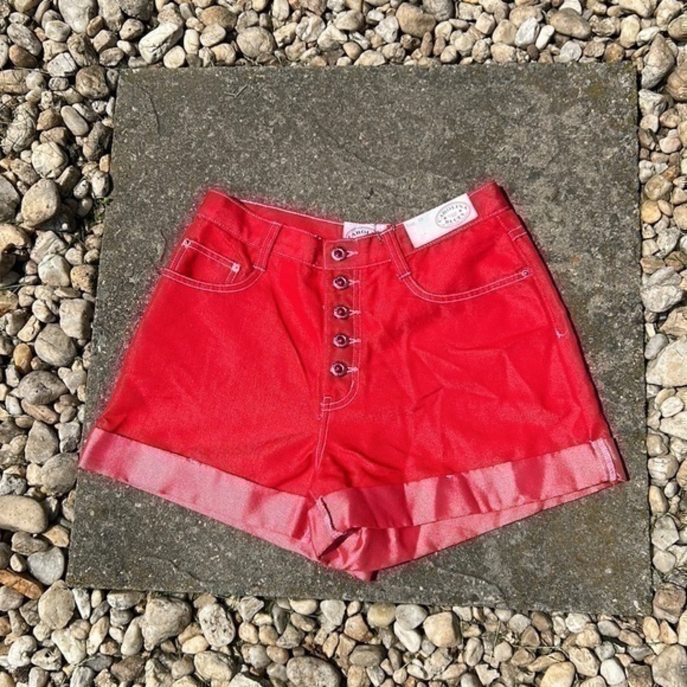 Carolina Blues, red high rise denim shorts